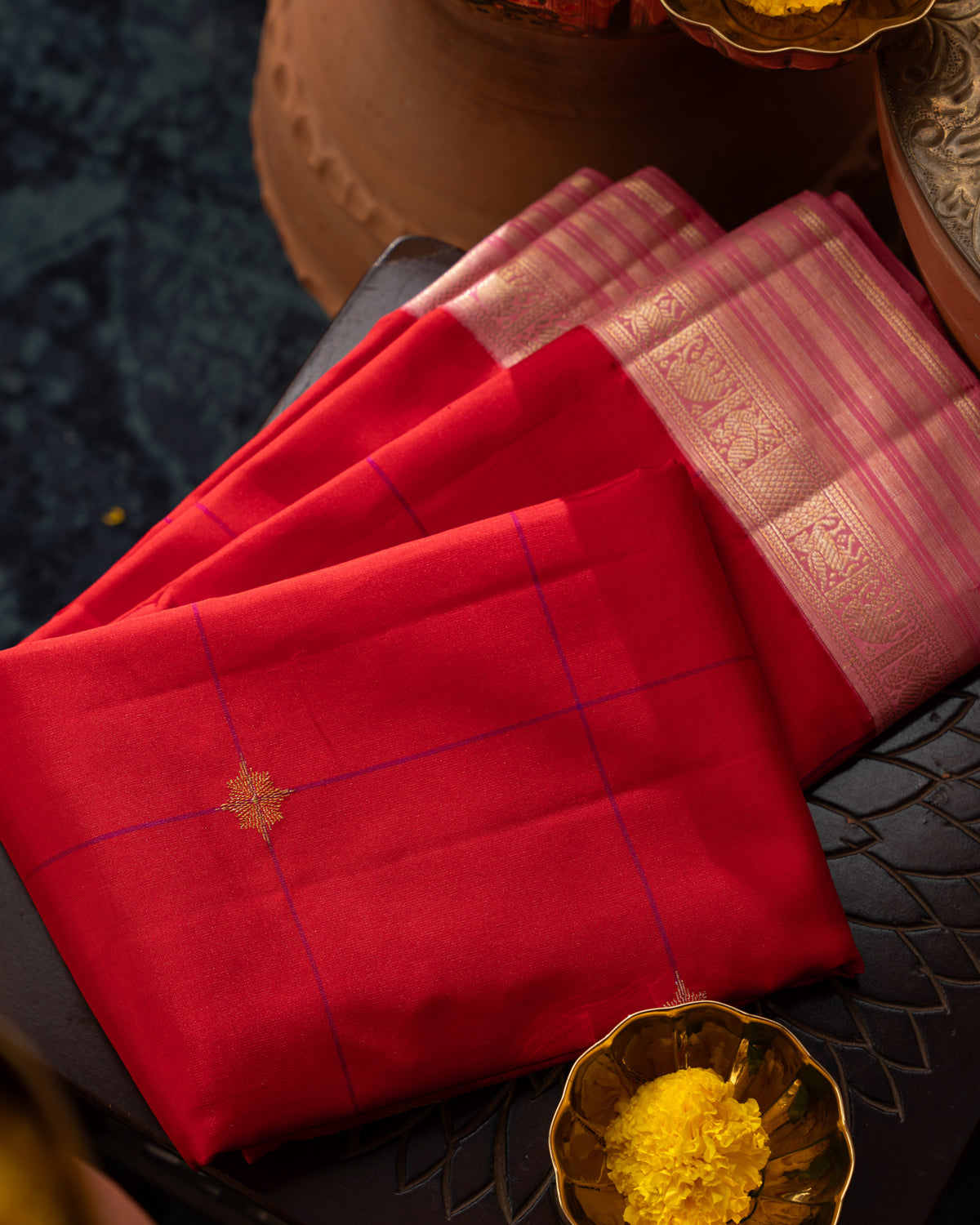 Red & Pink Kanchipuram Silk Saree With Checks & Buttas