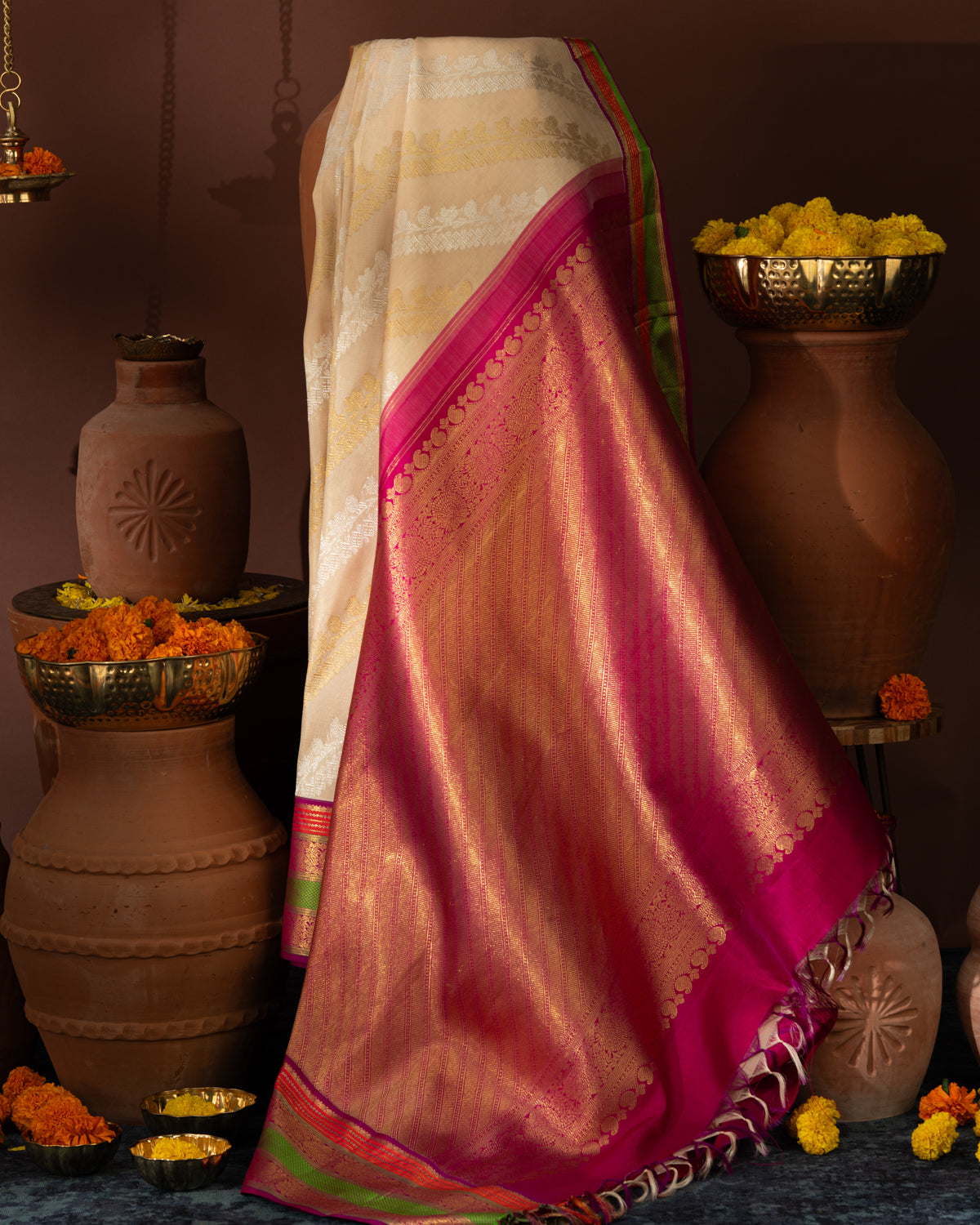 Beige Kanchipuram Kora With Rich Contrast Kanchipuram Silk Pallu And Blouse