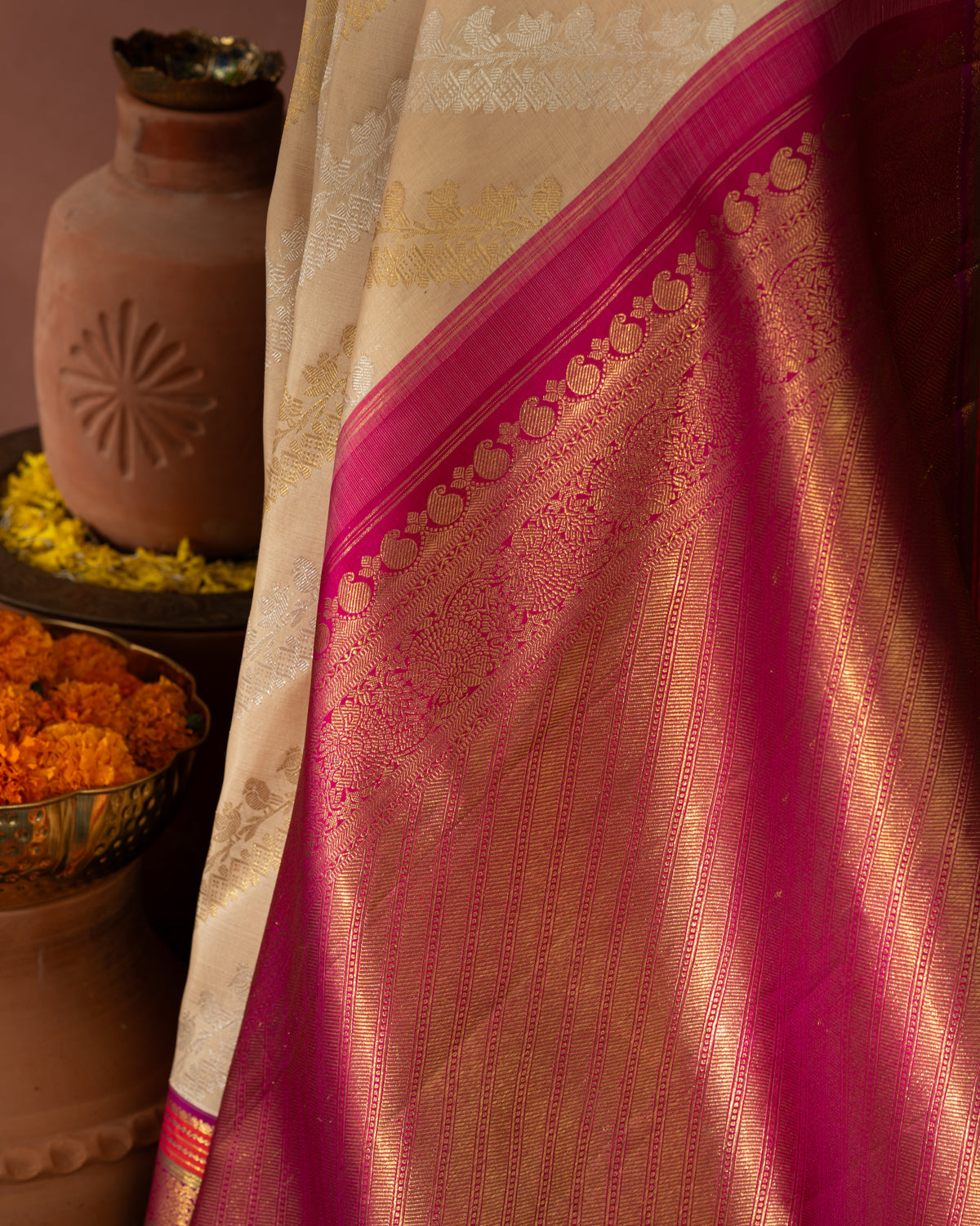 Beige Kanchipuram Kora With Rich Contrast Kanchipuram Silk Pallu And Blouse