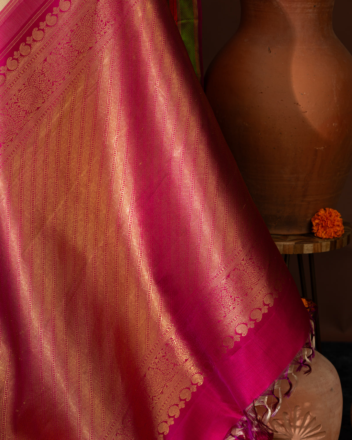 Beige Kanchipuram Kora With Rich Contrast Kanchipuram Silk Pallu And Blouse