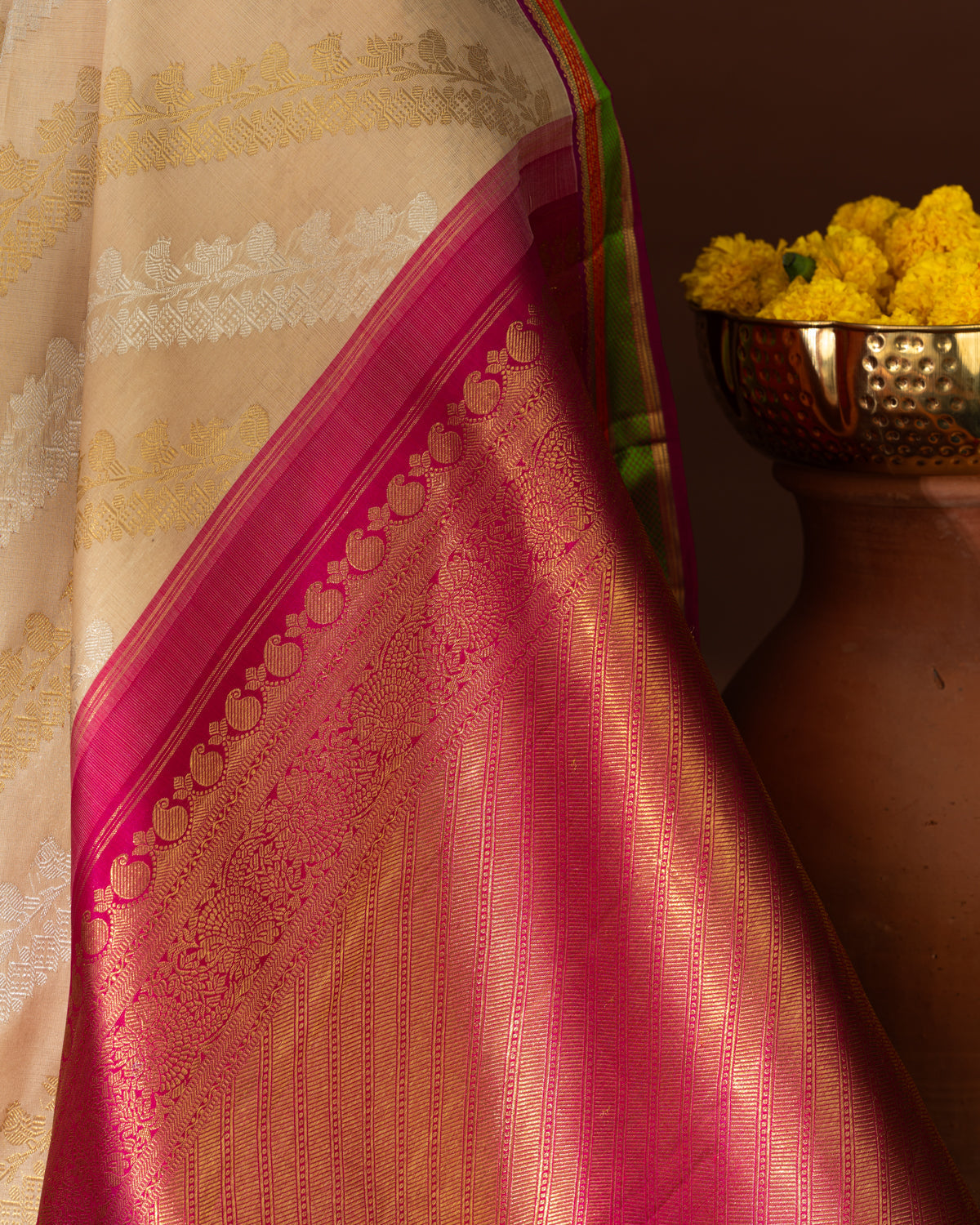 Beige Kanchipuram Kora With Rich Contrast Kanchipuram Silk Pallu And Blouse