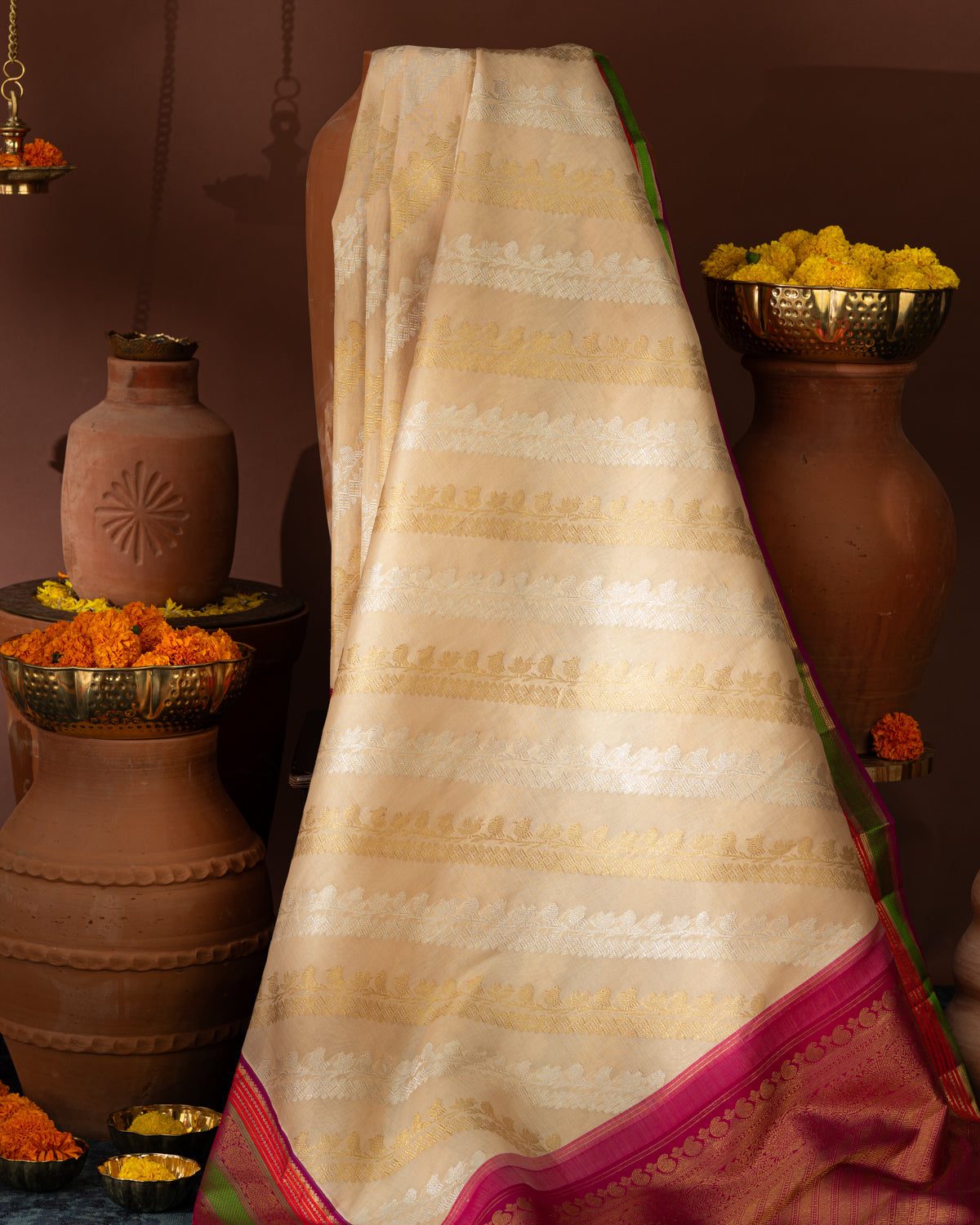 Beige Kanchipuram Kora With Rich Contrast Kanchipuram Silk Pallu And Blouse