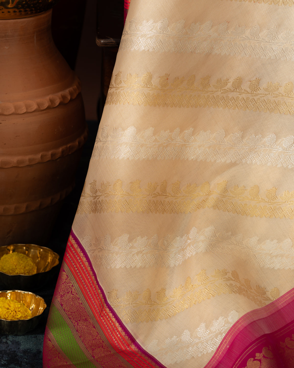 Beige Kanchipuram Kora With Rich Contrast Kanchipuram Silk Pallu And Blouse