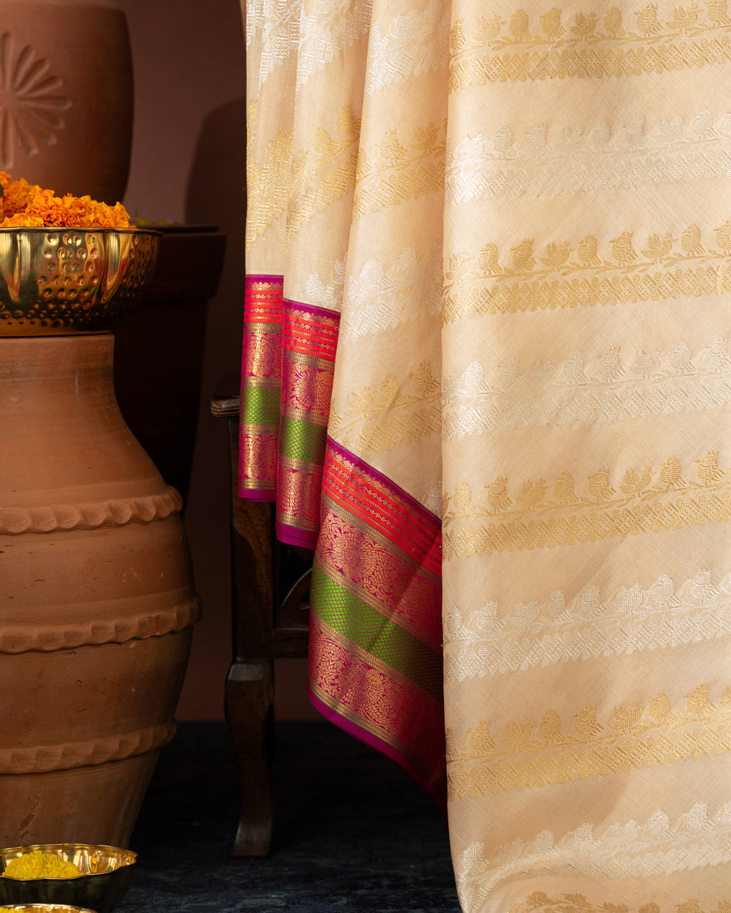 Beige Kanchipuram Kora With Rich Contrast Kanchipuram Silk Pallu And Blouse