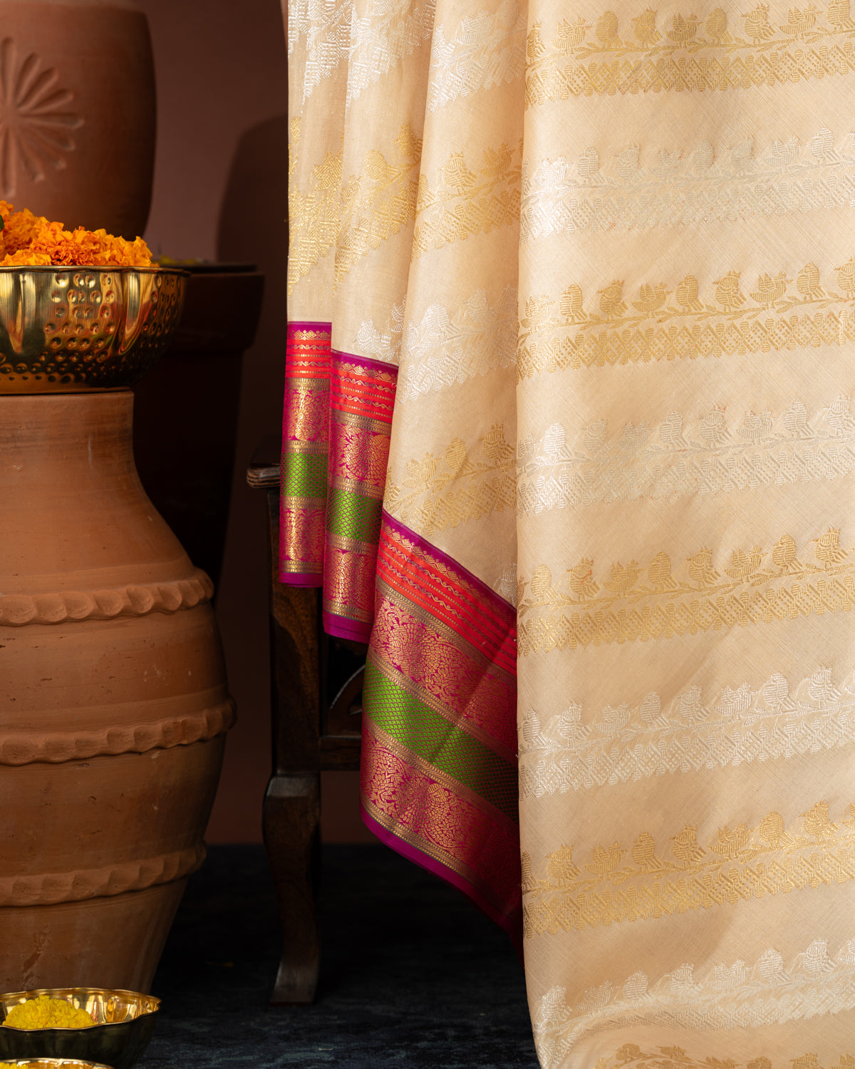 Beige Kanchipuram Kora With Rich Contrast Kanchipuram Silk Pallu And Blouse