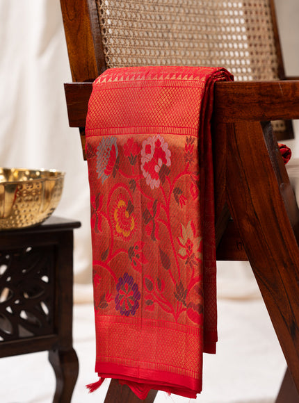 Red Kanchipuram Silk Saree With Zari Weaves & Rich Floral Border