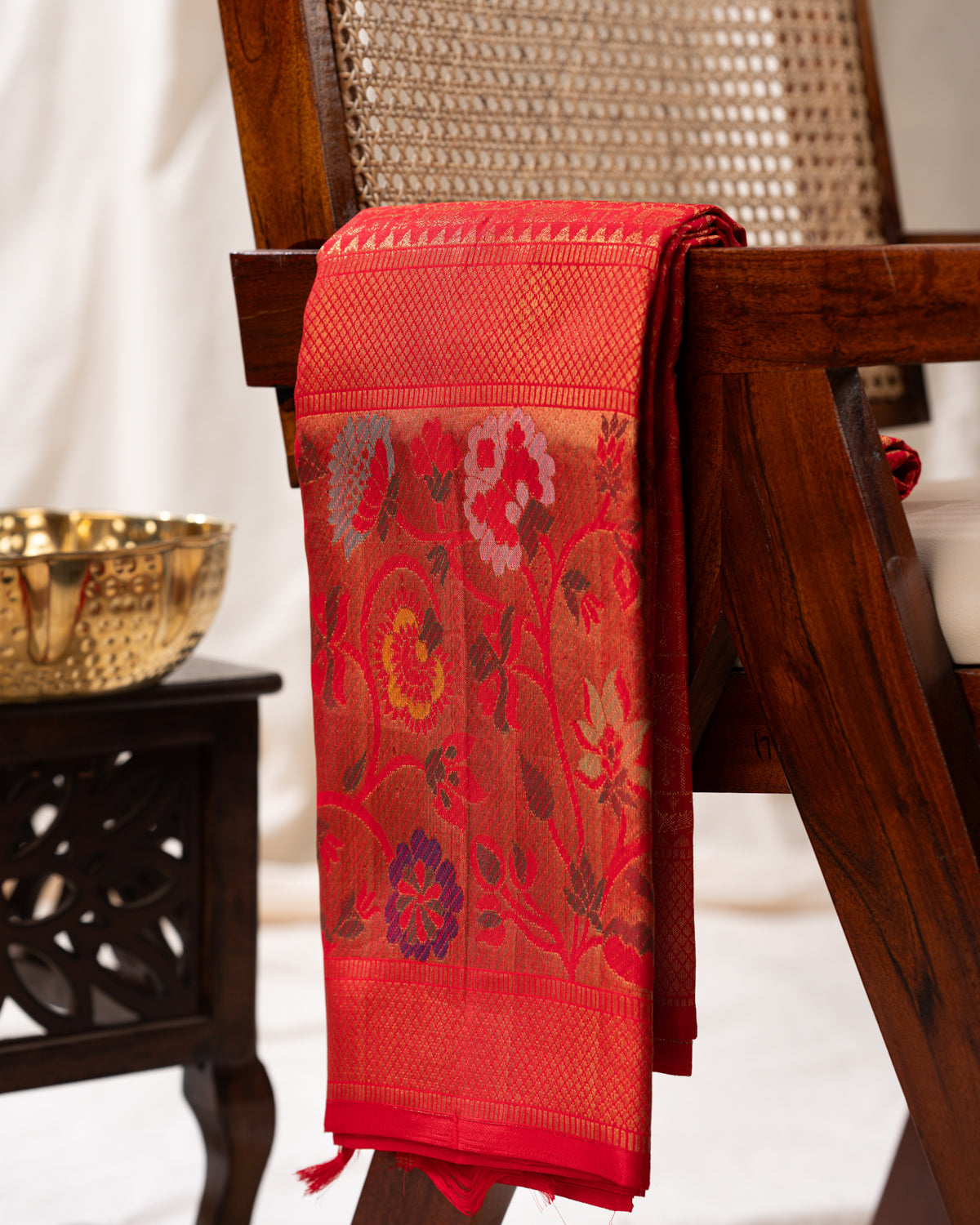 Red Kanchipuram Silk Saree With Zari Weaves & Rich Floral Border