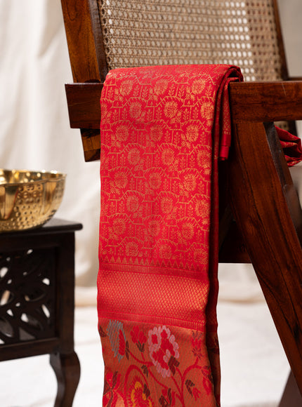 Red Kanchipuram Silk Saree With Zari Weaves & Rich Floral Border