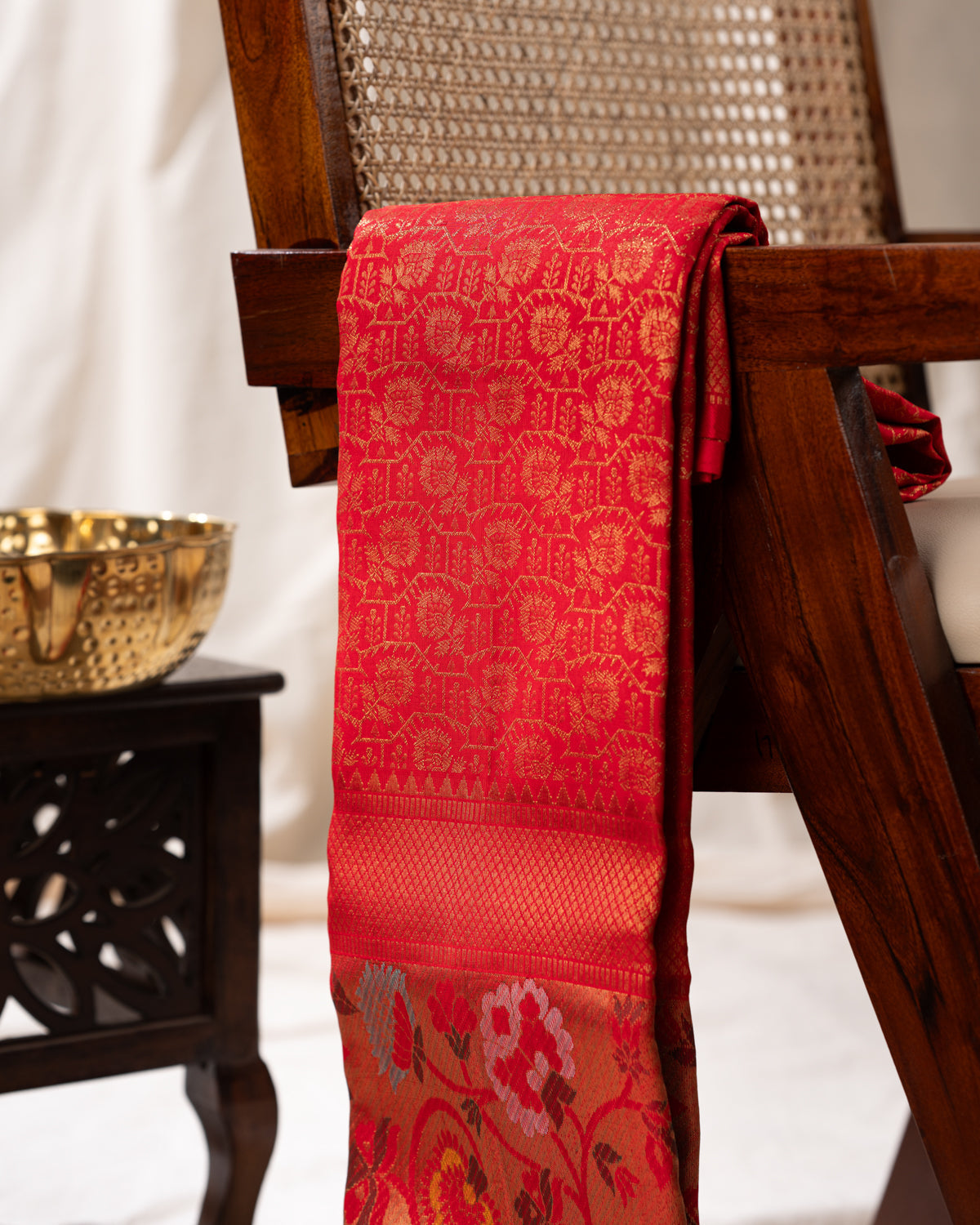 Red Kanchipuram Silk Saree With Zari Weaves & Rich Floral Border
