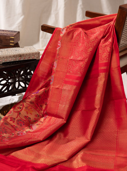 Red Kanchipuram Silk Saree With Zari Weaves & Rich Floral Border