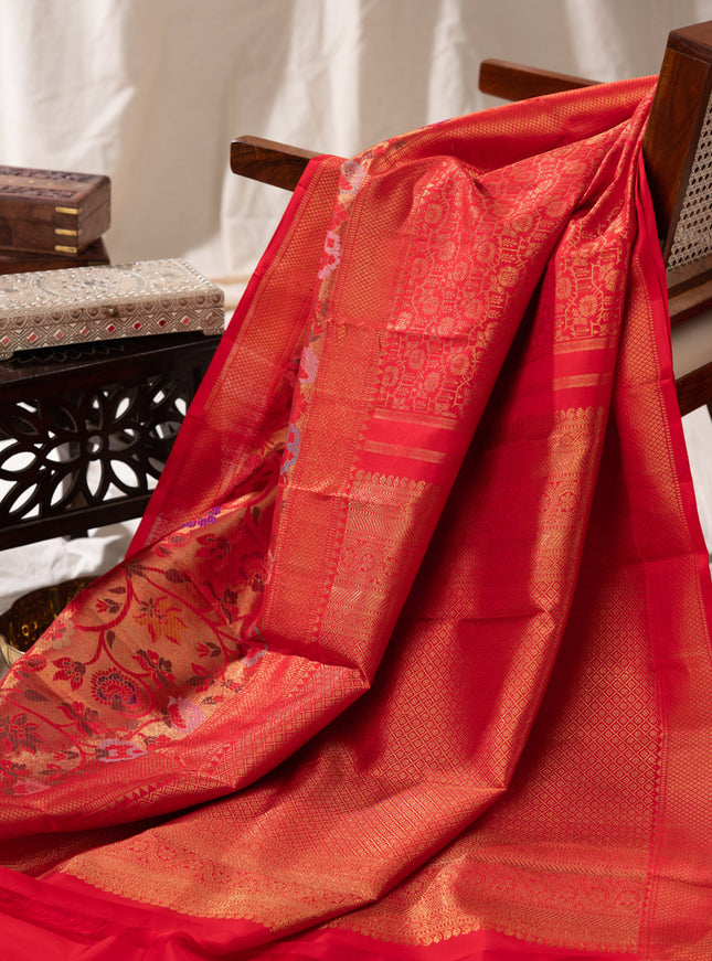 Red Kanchipuram Silk Saree With Zari Weaves & Rich Floral Border