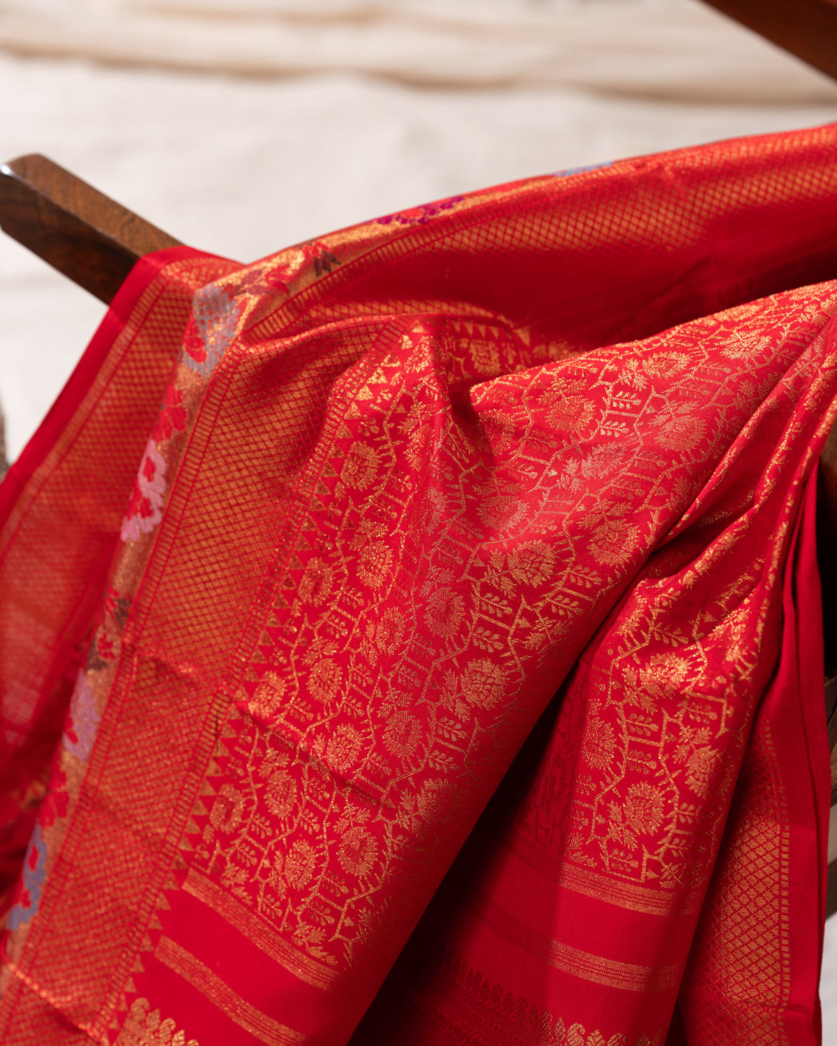 Red Kanchipuram Silk Saree With Zari Weaves & Rich Floral Border