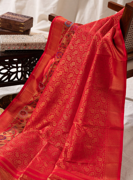 Red Kanchipuram Silk Saree With Zari Weaves & Rich Floral Border