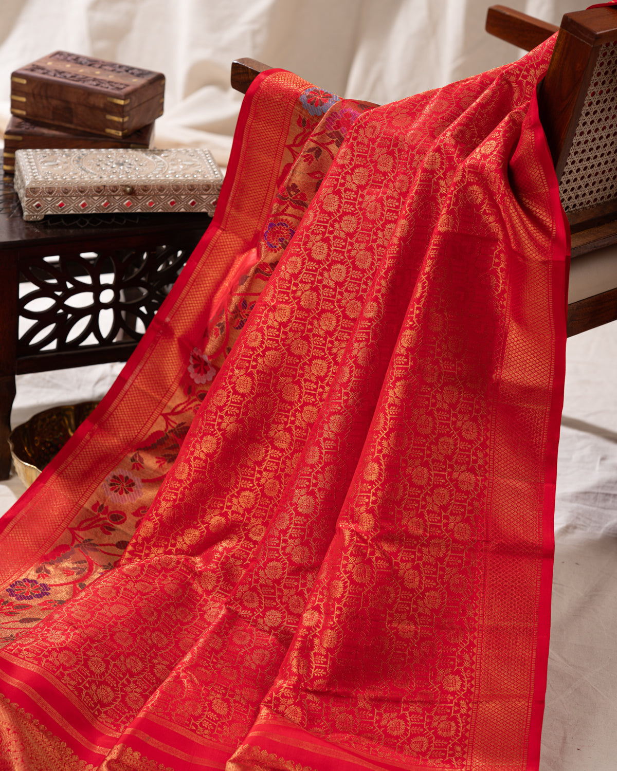 Red Kanchipuram Silk Saree With Zari Weaves & Rich Floral Border