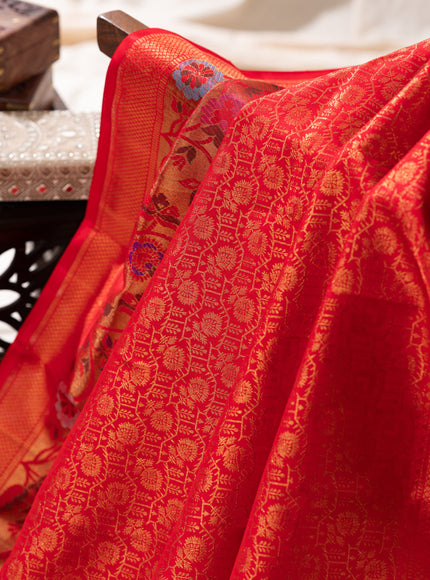 Red Kanchipuram Silk Saree With Zari Weaves & Rich Floral Border
