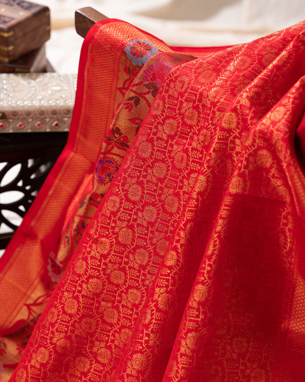 Red Kanchipuram Silk Saree With Zari Weaves & Rich Floral Border