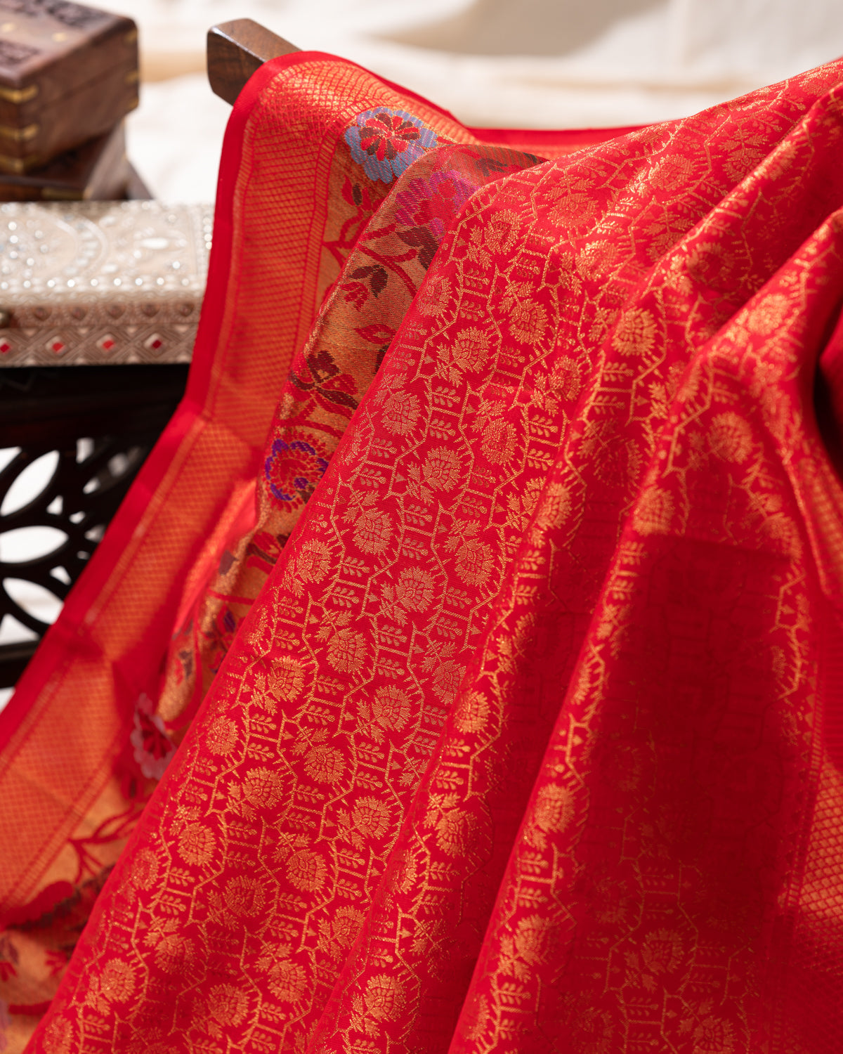 Red Kanchipuram Silk Saree With Zari Weaves & Rich Floral Border