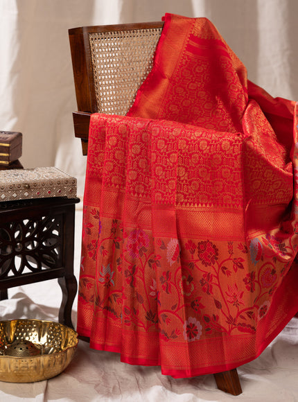 Red Kanchipuram Silk Saree With Zari Weaves & Rich Floral Border