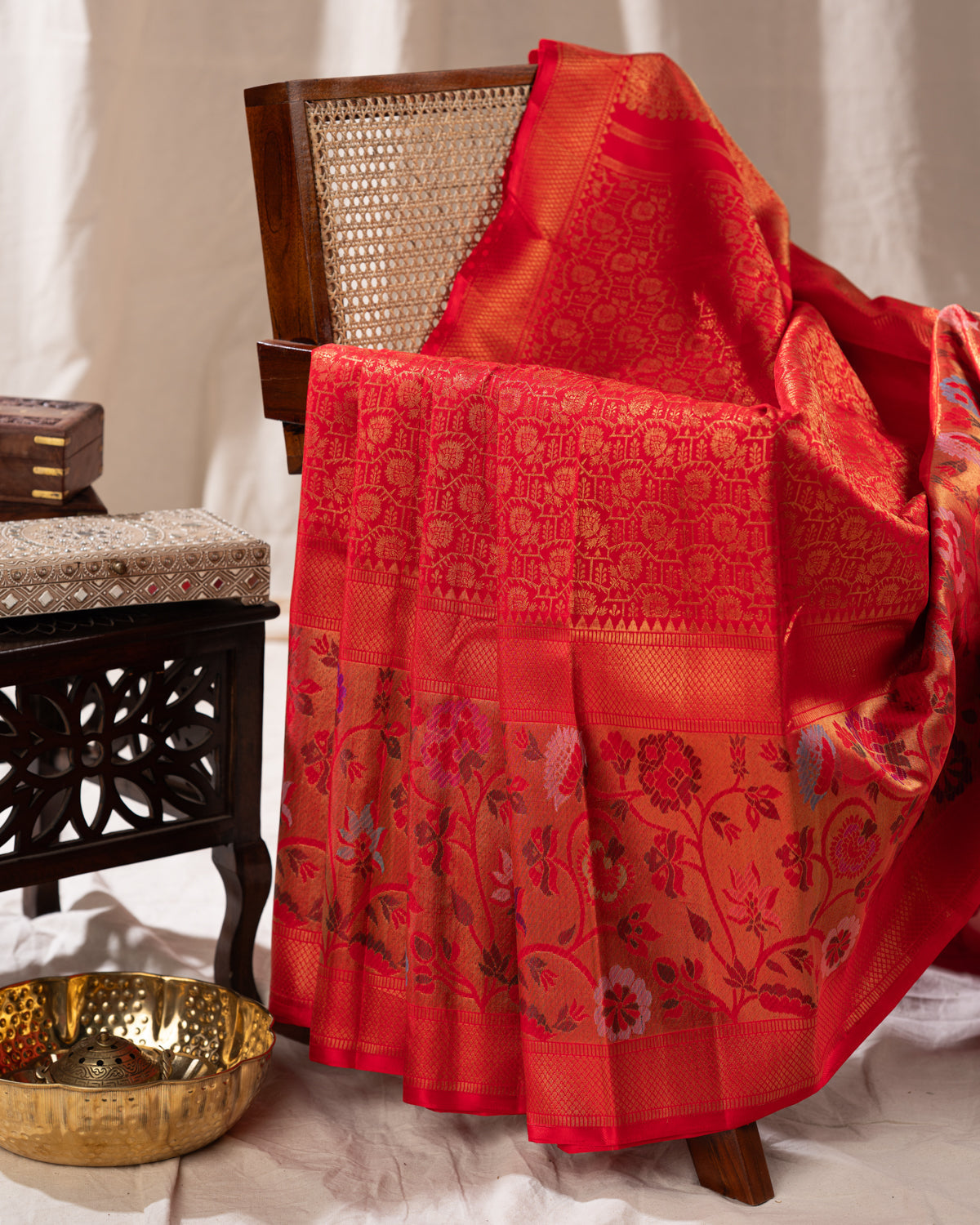 Red Kanchipuram Silk Saree With Zari Weaves & Rich Floral Border