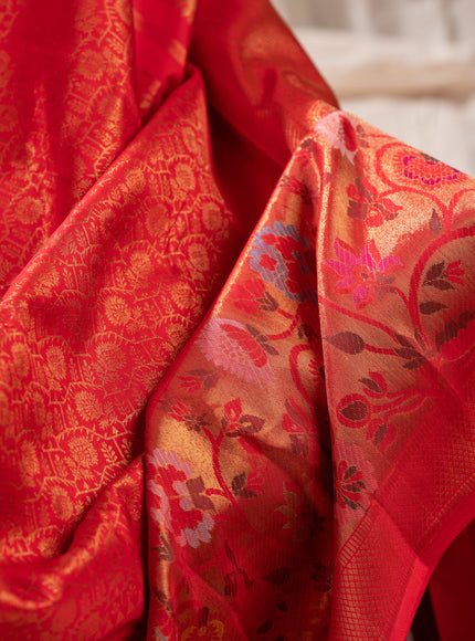Red Kanchipuram Silk Saree With Zari Weaves & Rich Floral Border