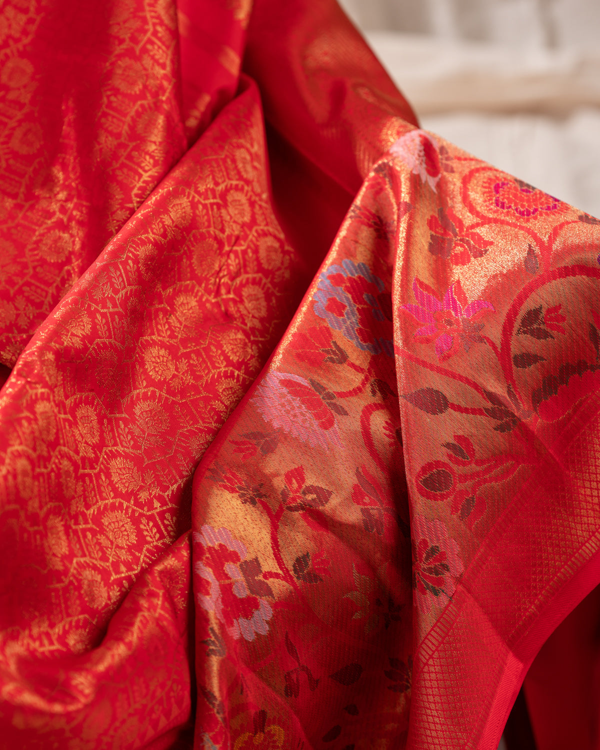 Red Kanchipuram Silk Saree With Zari Weaves & Rich Floral Border