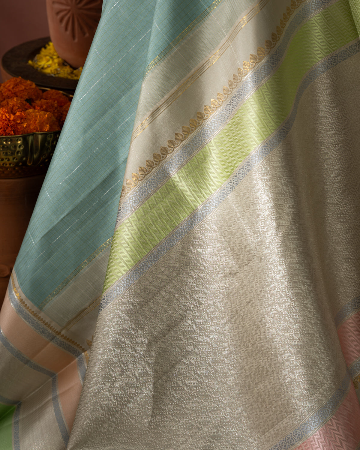 Pastel Blue Kanchipuram Silk Saree With Checked Weaves
