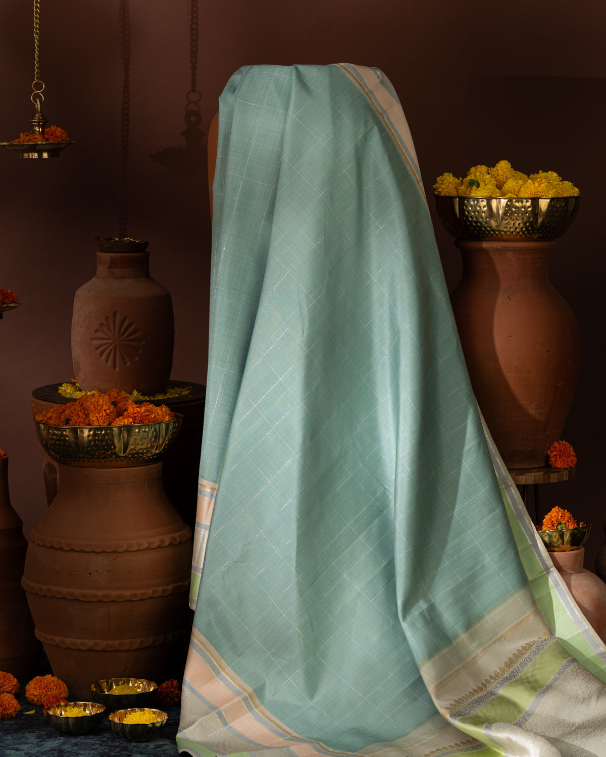 Pastel Blue Kanchipuram Silk Saree With Checked Weaves