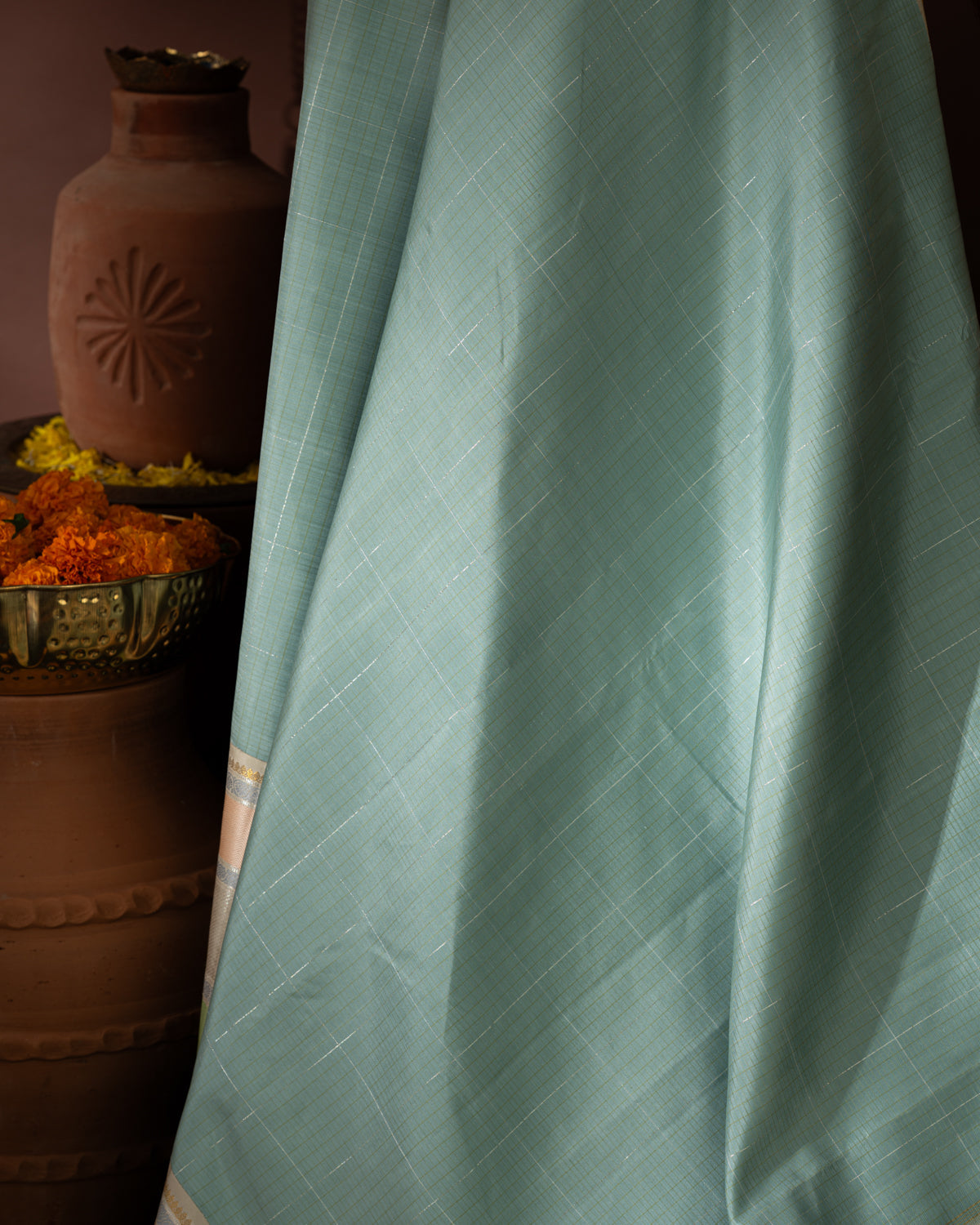 Pastel Blue Kanchipuram Silk Saree With Checked Weaves