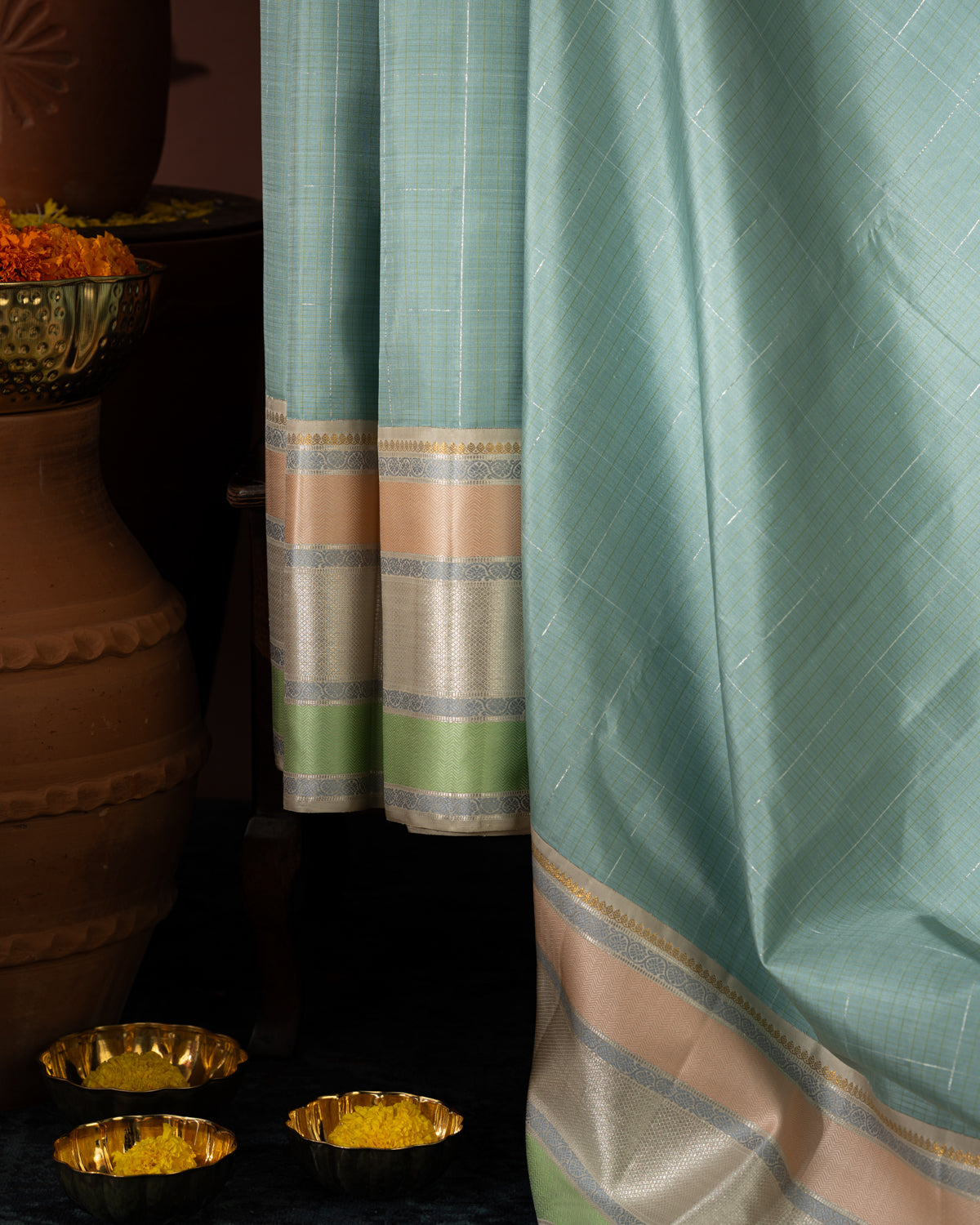 Pastel Blue Kanchipuram Silk Saree With Checked Weaves