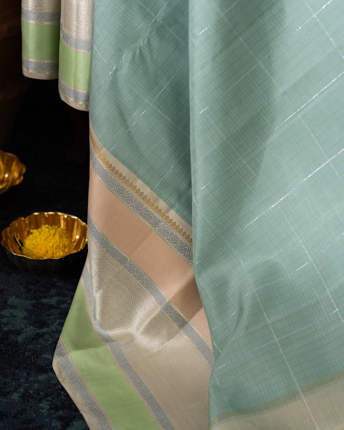 Pastel Blue Kanchipuram Silk Saree With Checked Weaves