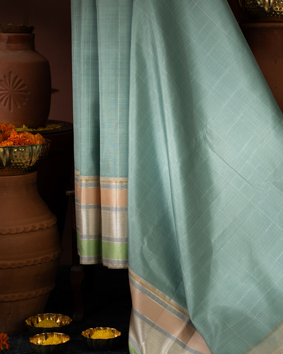 Pastel Blue Kanchipuram Silk Saree With Checked Weaves