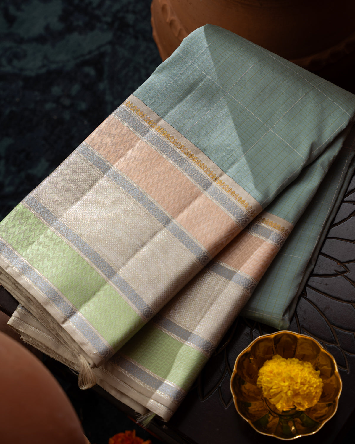 Pastel Blue Kanchipuram Silk Saree With Checked Weaves