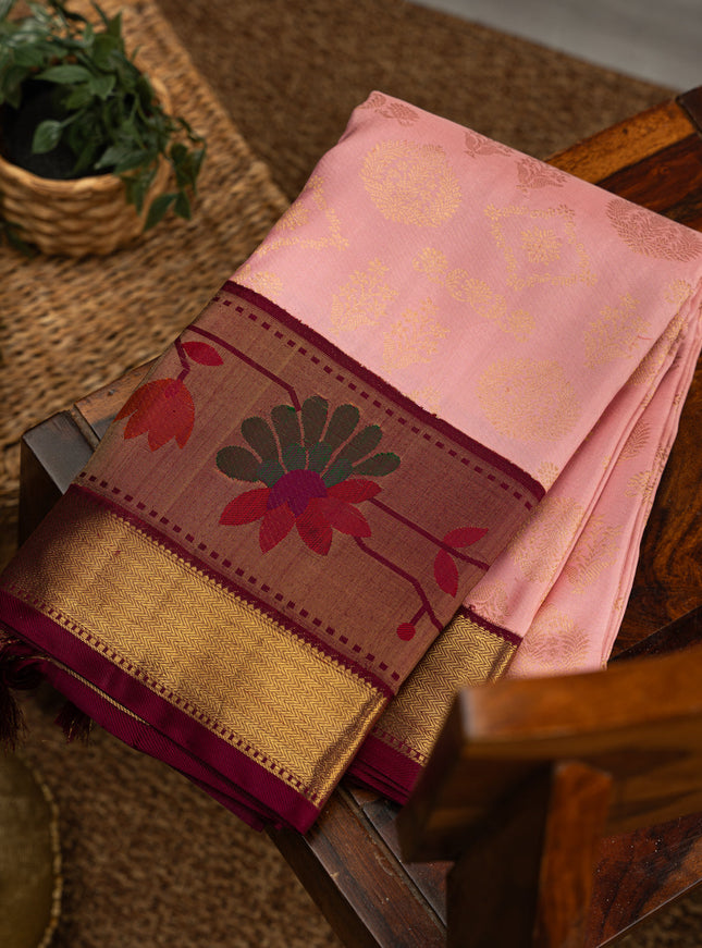Light Pink Kanchipuram Silk Saree With Zari Weaves & Contrast Border