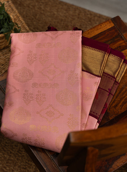 Light Pink Kanchipuram Silk Saree With Zari Weaves & Contrast Border