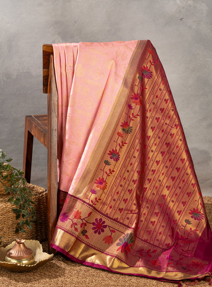 Light Pink Kanchipuram Silk Saree With Zari Weaves & Contrast Border