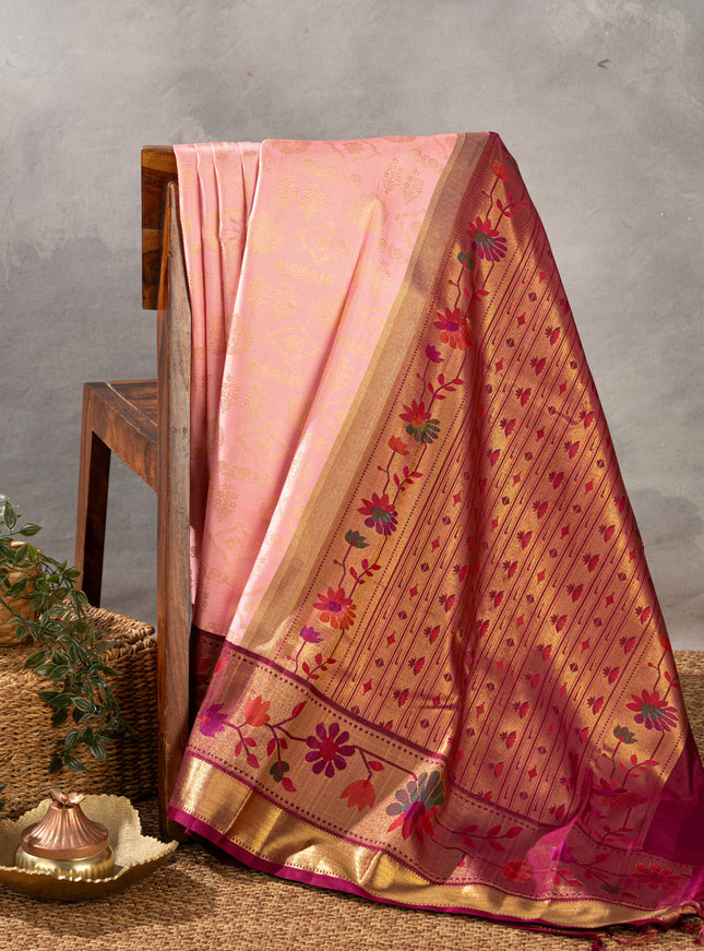 Light Pink Kanchipuram Silk Saree With Zari Weaves & Contrast Border