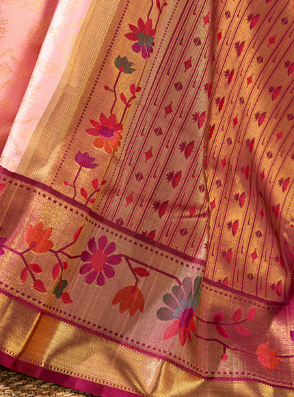Light Pink Kanchipuram Silk Saree With Zari Weaves & Contrast Border