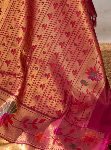 Light Pink Kanchipuram Silk Saree With Zari Weaves & Contrast Border