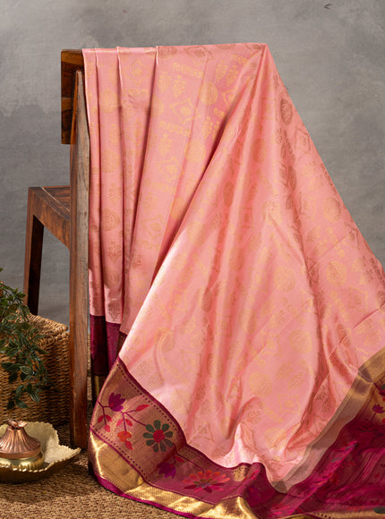Light Pink Kanchipuram Silk Saree With Zari Weaves & Contrast Border