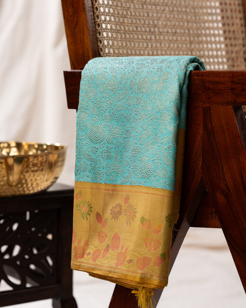 Light Blue Kanchipuram Silk Saree With Silver Brocade In Contrast Yellow Border