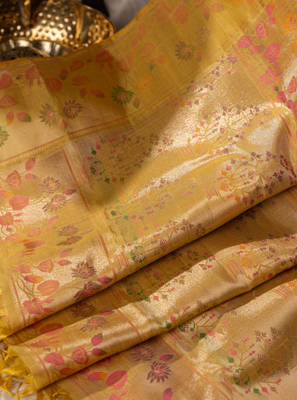 Light Blue Kanchipuram Silk Saree With Silver Brocade In Contrast Yellow Border