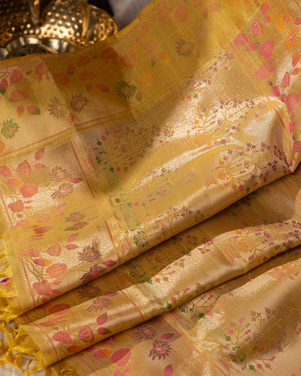 Light Blue Kanchipuram Silk Saree With Silver Brocade In Contrast Yellow Border