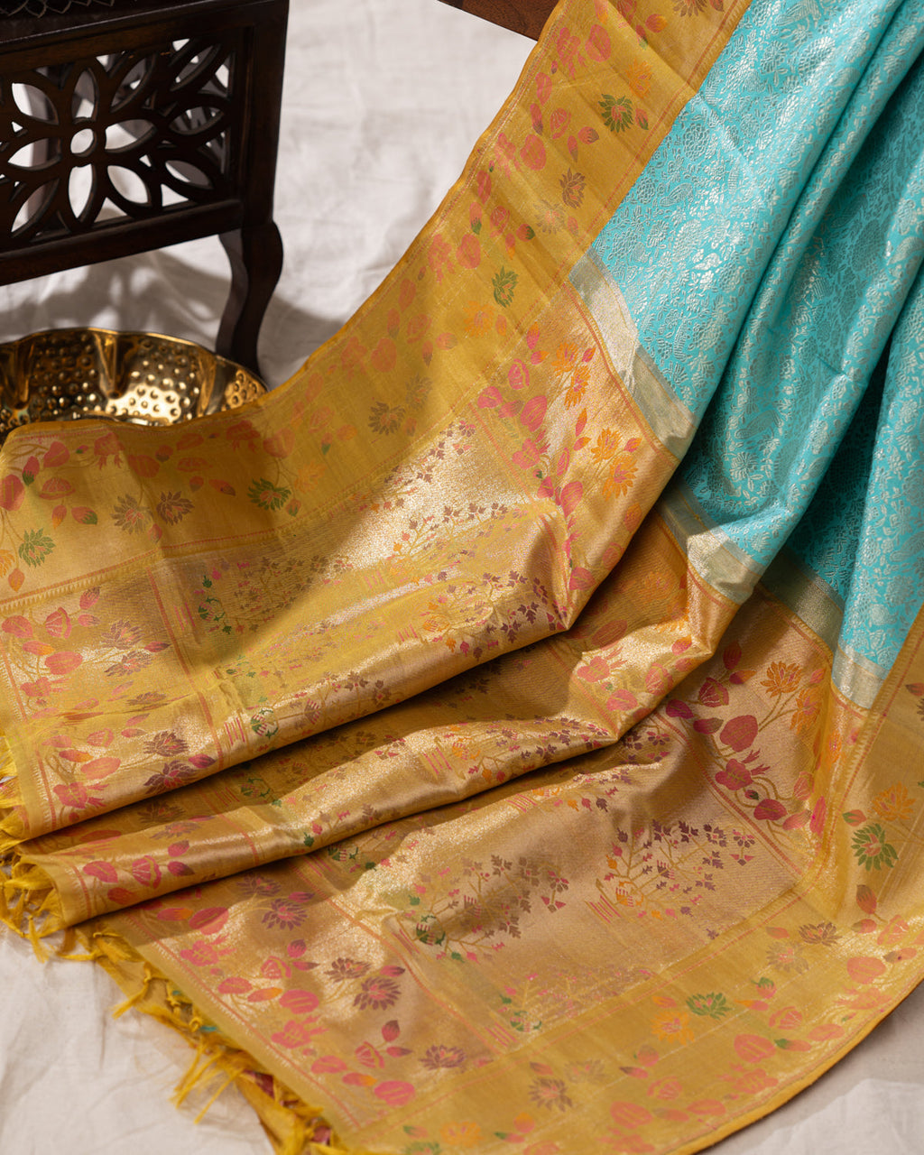 Light Blue Kanchipuram Silk Saree With Silver Brocade In Contrast Yellow Border