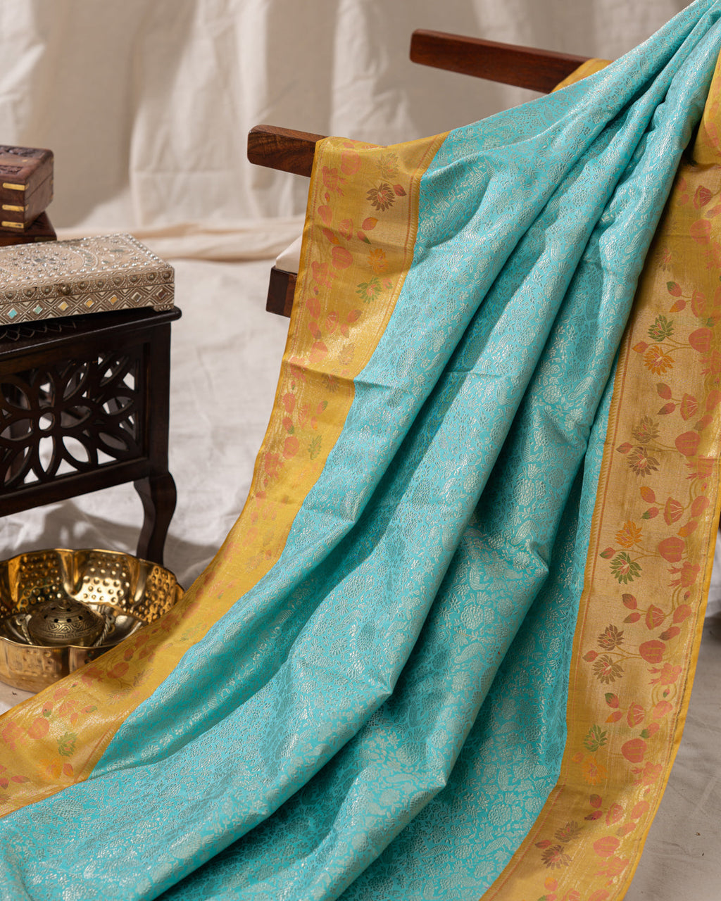 Light Blue Kanchipuram Silk Saree With Silver Brocade In Contrast Yellow Border