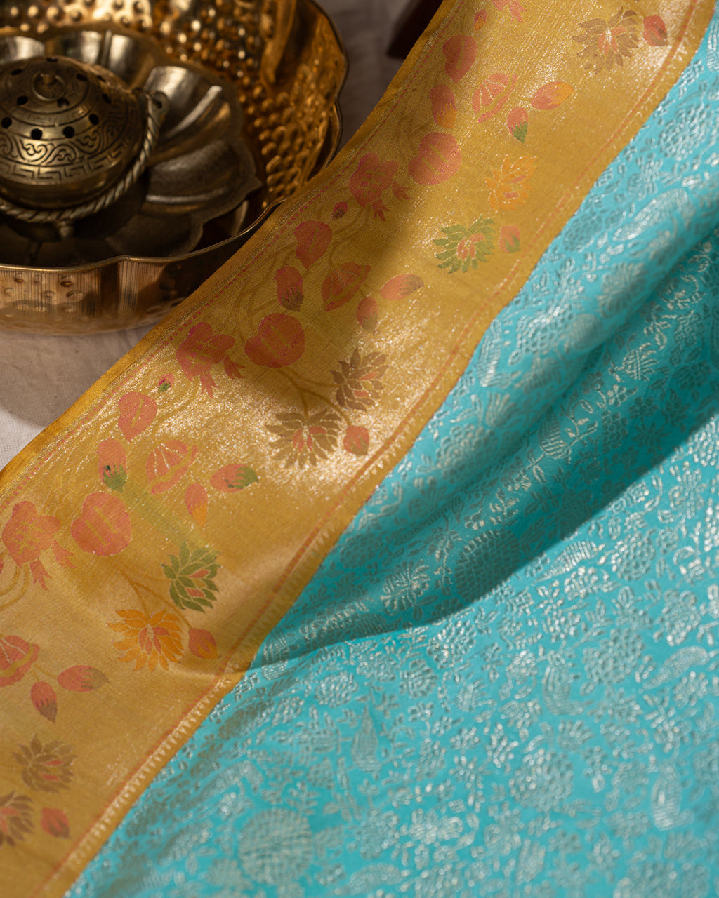Light Blue Kanchipuram Silk Saree With Silver Brocade In Contrast Yellow Border