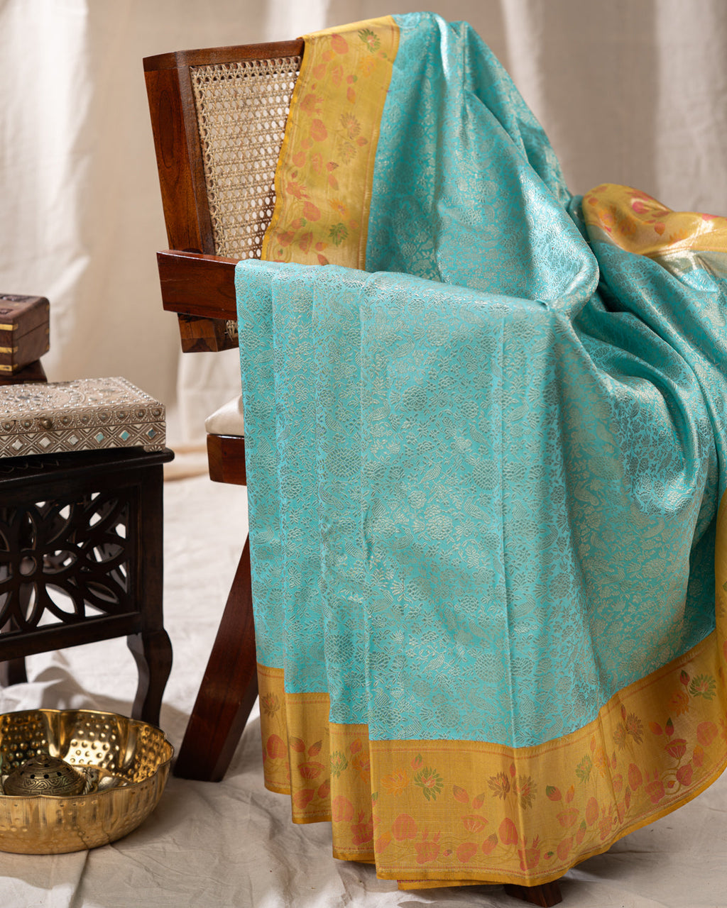 Light Blue Kanchipuram Silk Saree With Silver Brocade In Contrast Yellow Border