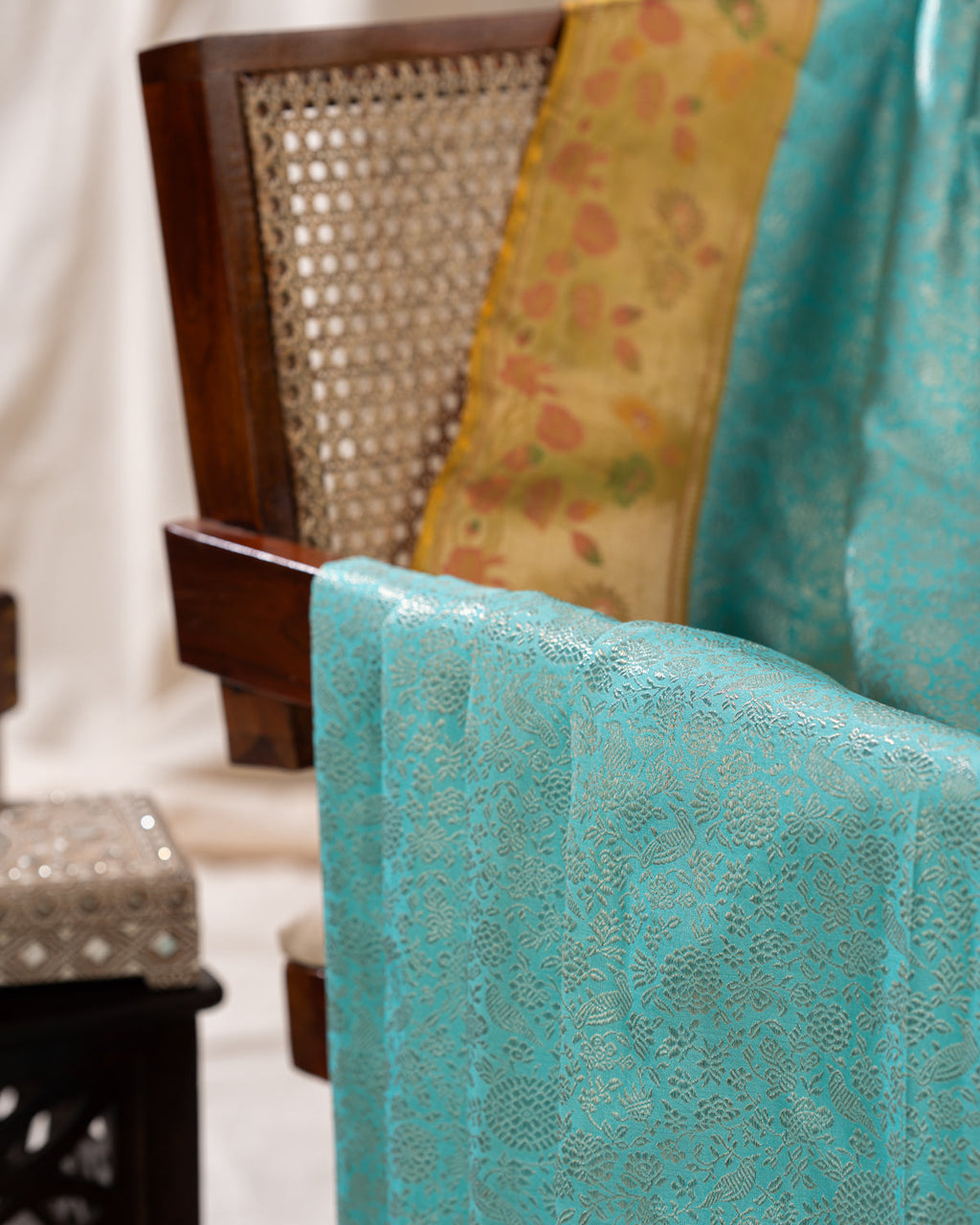 Light Blue Kanchipuram Silk Saree With Silver Brocade In Contrast Yellow Border