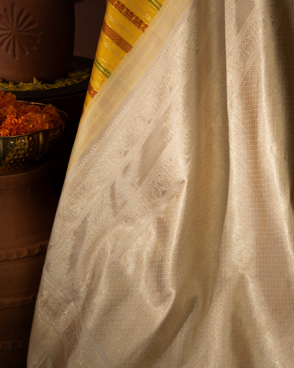 Yellow & Beige Kanchipuram Silk Saree With Thread & Zari Weave
