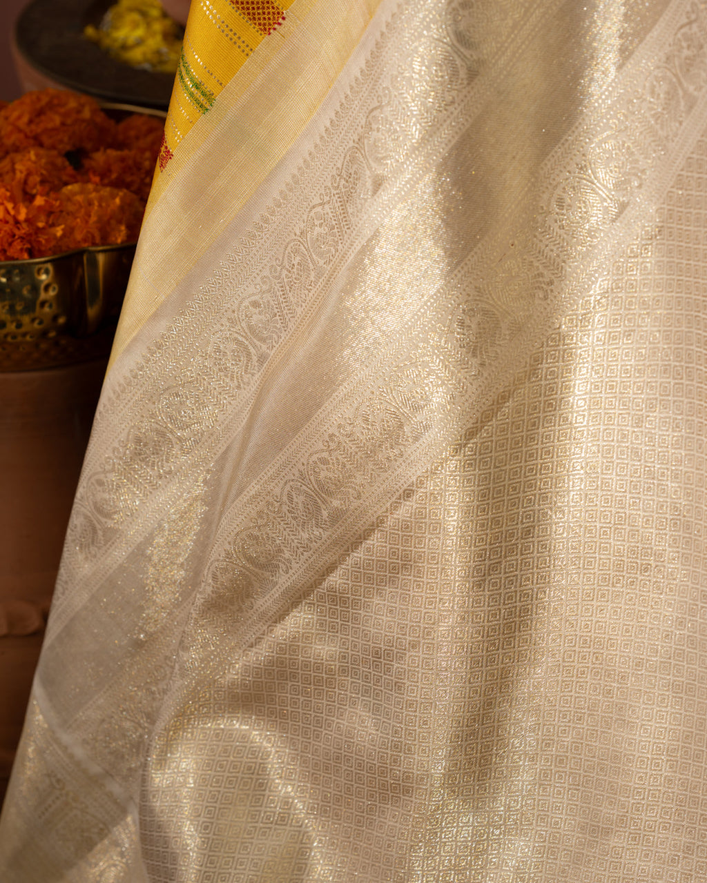 Yellow & Beige Kanchipuram Silk Saree With Thread & Zari Weave