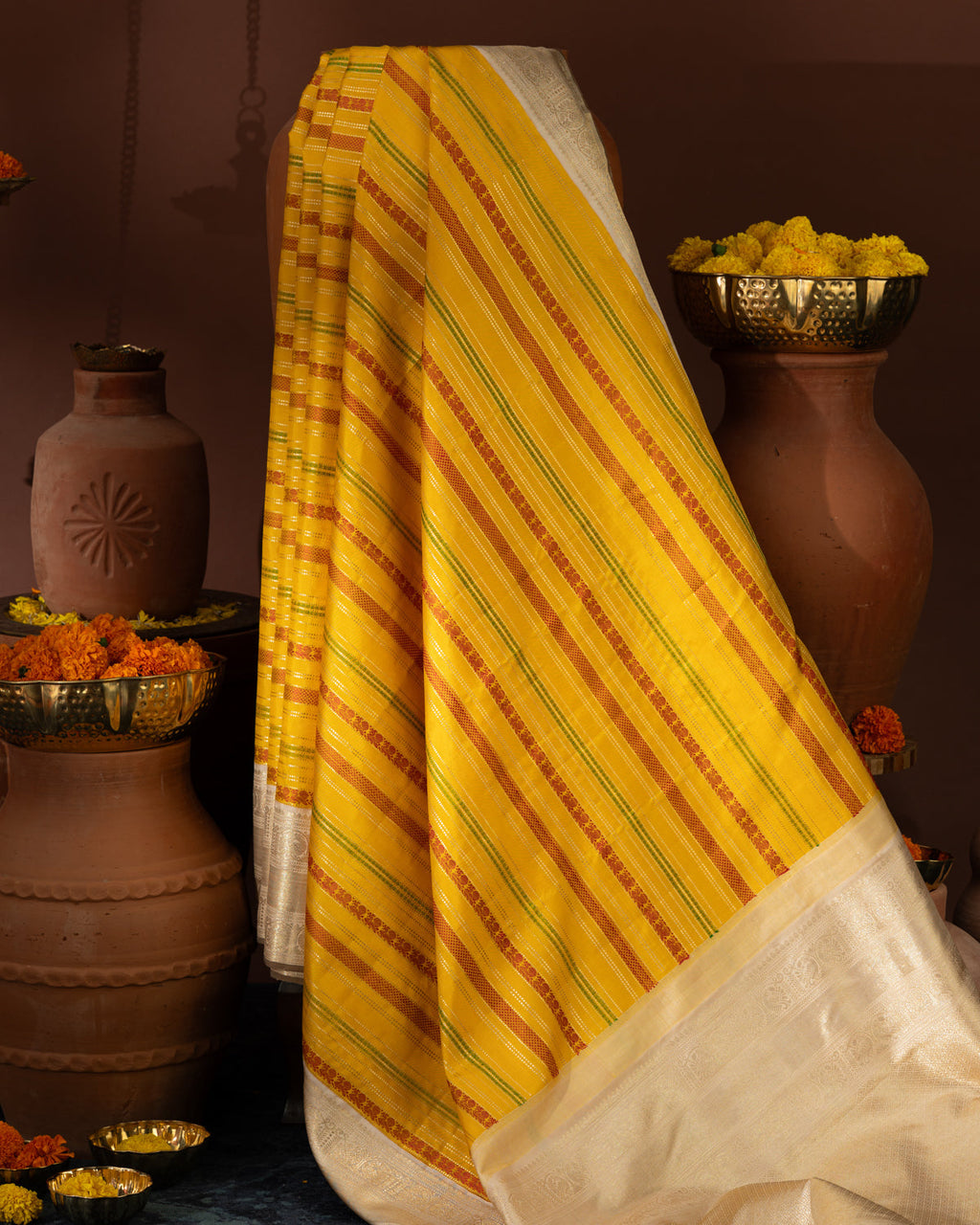 Yellow & Beige Kanchipuram Silk Saree With Thread & Zari Weave